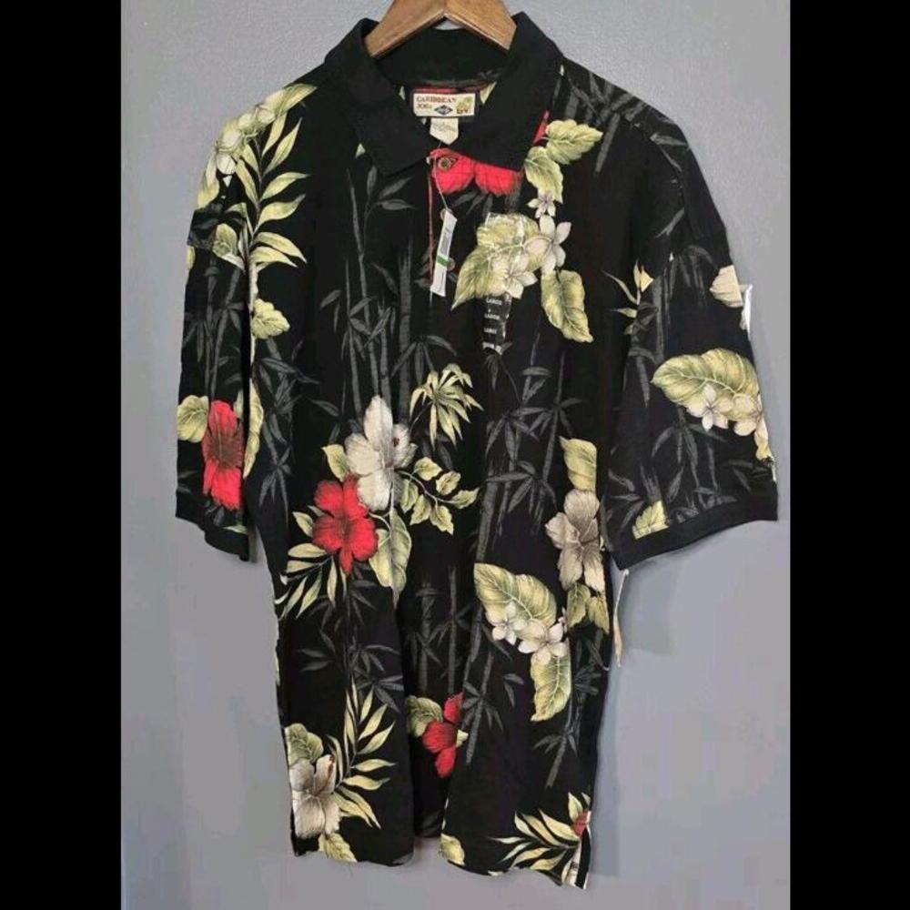 Caribbean Joe Men's Black Floral Polo Shirt Size Large Short Sleeve